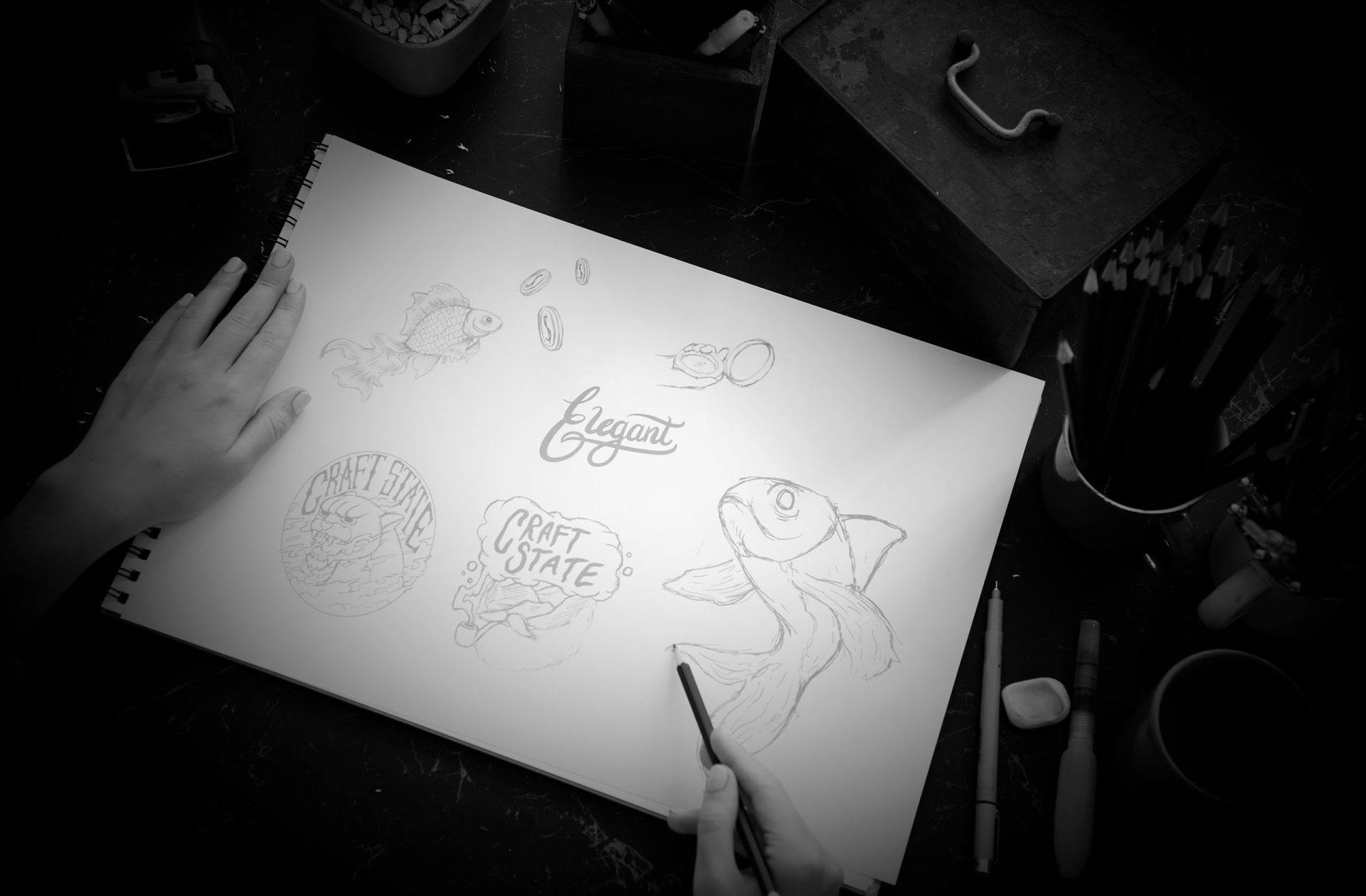 Ilustracija risbe rib in logotipov za oblikovanje.